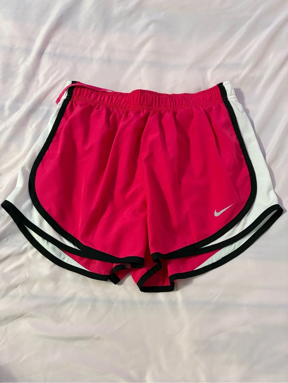 Nike Women's Bright Pink Running Shorts with White Panels and Black Trim